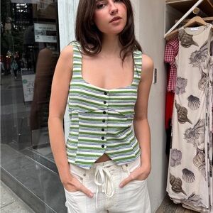 Olivaceous Green and White Striped Sleeveless Blouse